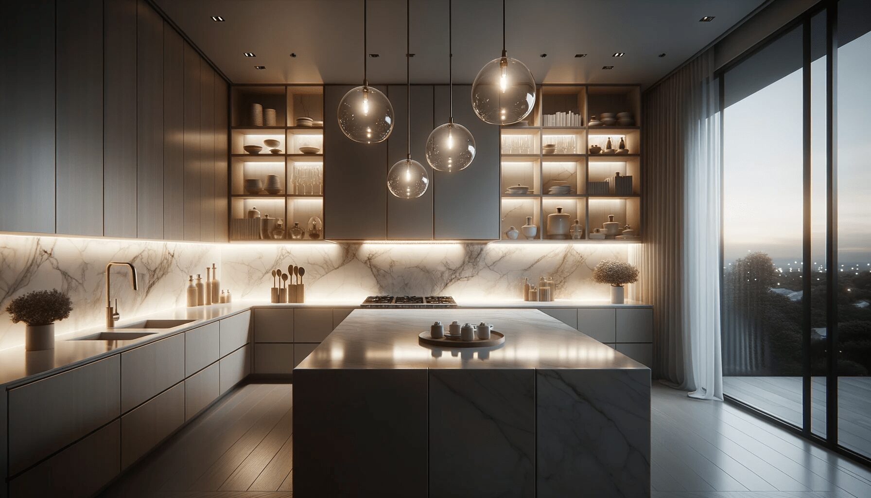 Marble looking porcelain kitchen backsplash